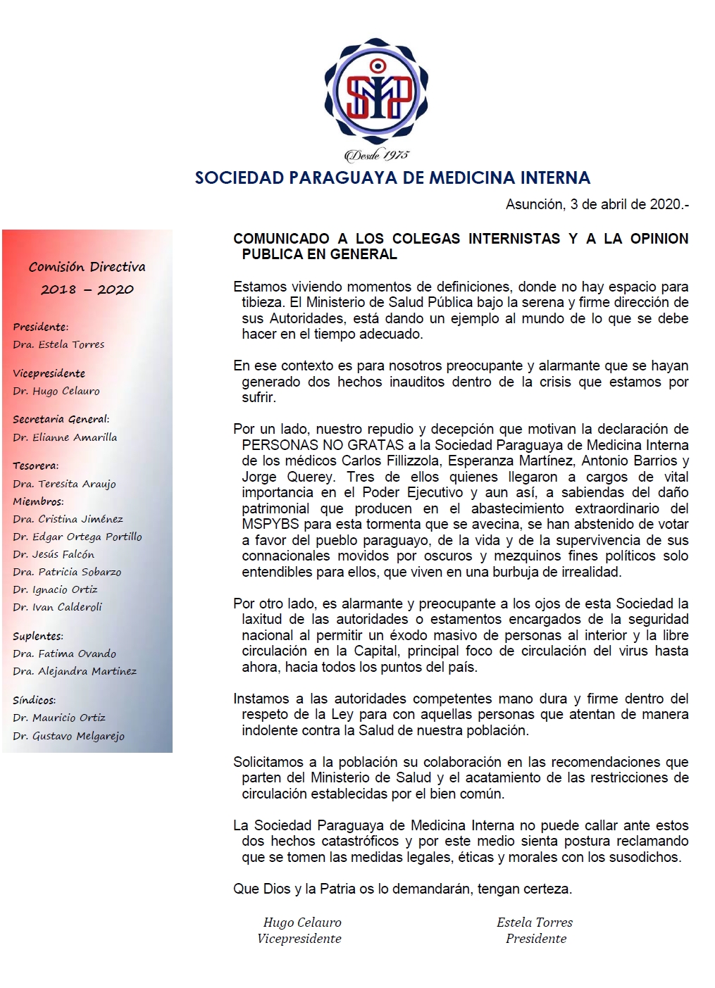 COMUNICADO A LOS COLEGAS INTERNISTAS Y A LA OPINIÓN PÚBLICA